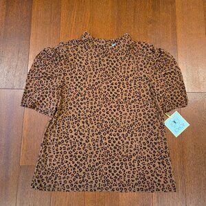 NWT CeCe Leopard Animal Print Blouse Shirt Puff Sleeve Women's Large